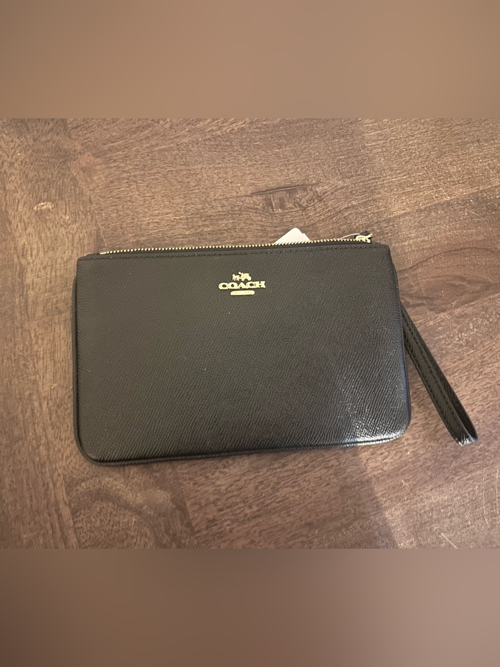 Coach Black Leather Zip Pouch with Gold Logo